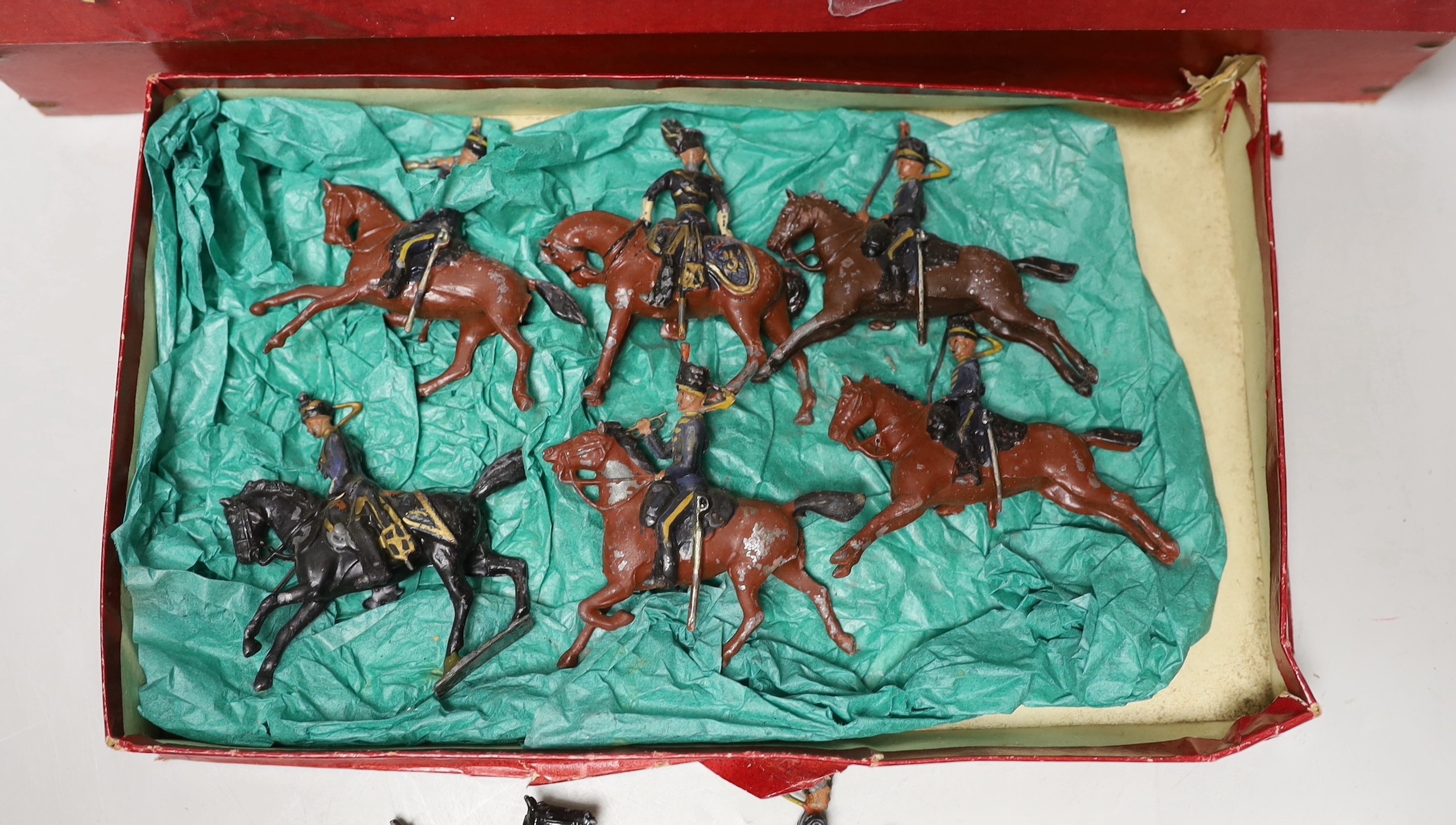 Britains set 203 Pontoon Section, 4.7 Naval Gun, both in original boxes, and cavalry now in set 460 box